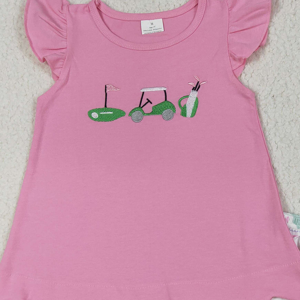 RTS NO MOQ （In stock）GSSO2660 Baby Girls Summer Outfits Embroidery Baby Girls Pink Flutter Sleeves Golf Truck Tunic Ruffle Shorts Set
