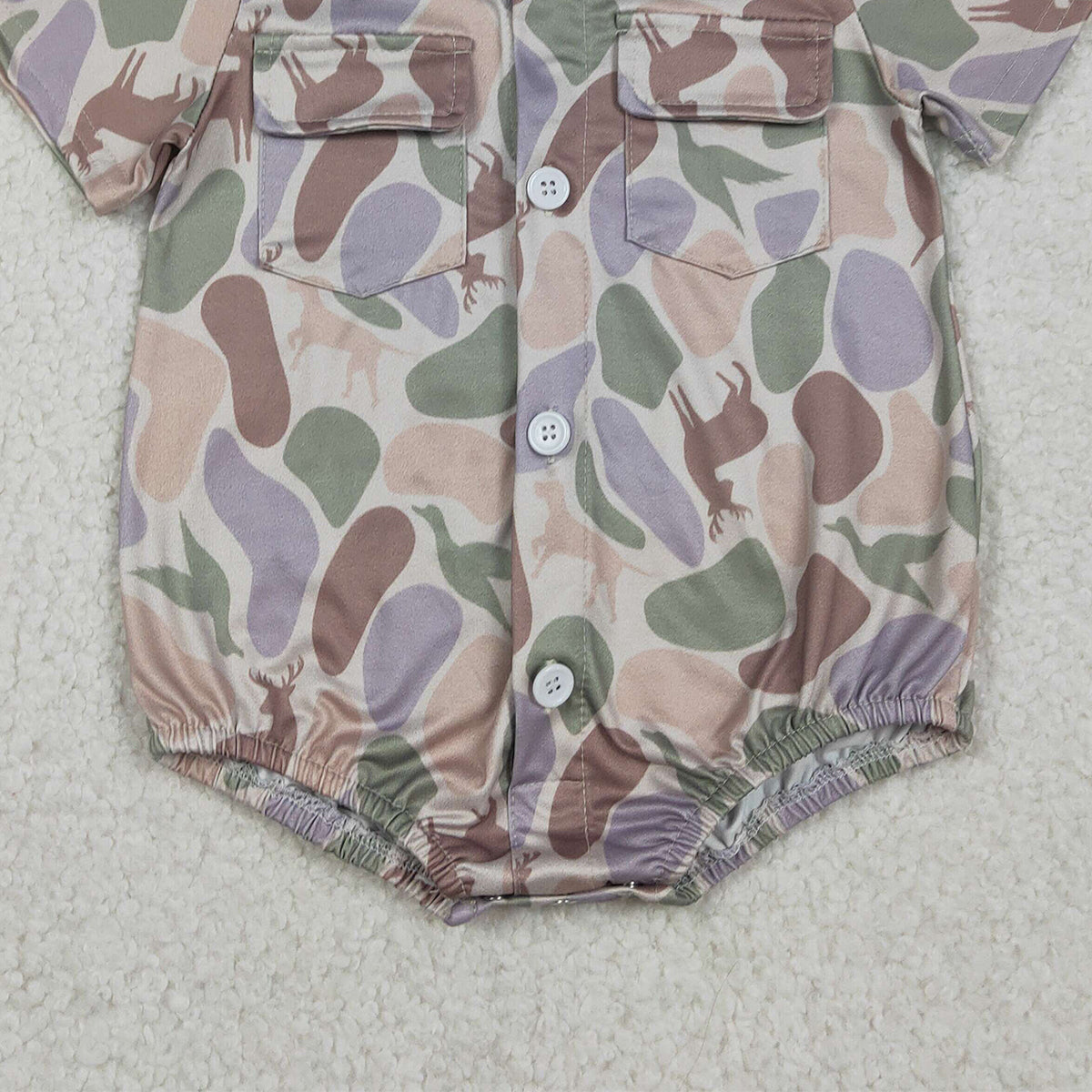 2.7 RTS NO MOQ （In stock）SR3544 Baby Boys Ducks Dogs Deer Camo Pockets Button Hunting Rompers