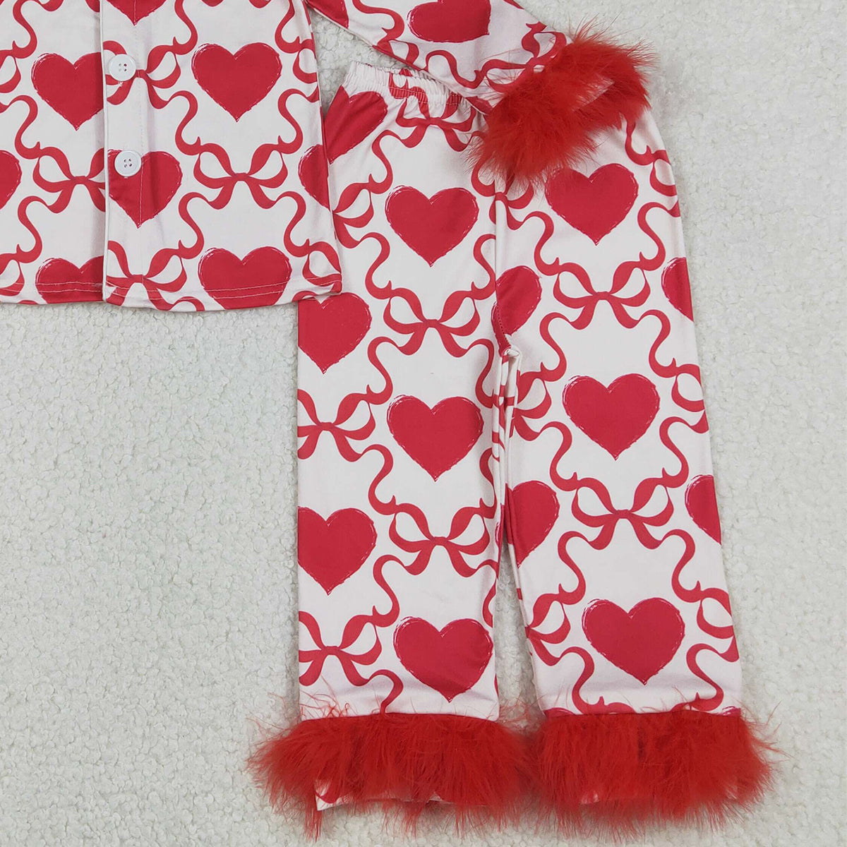 1.9 RTS NO MOQ （In stock）GLP3221 Baby Girls Bow Hearts Checked Button Top Pant Valentines Fur Sleeve Pajamas Sets