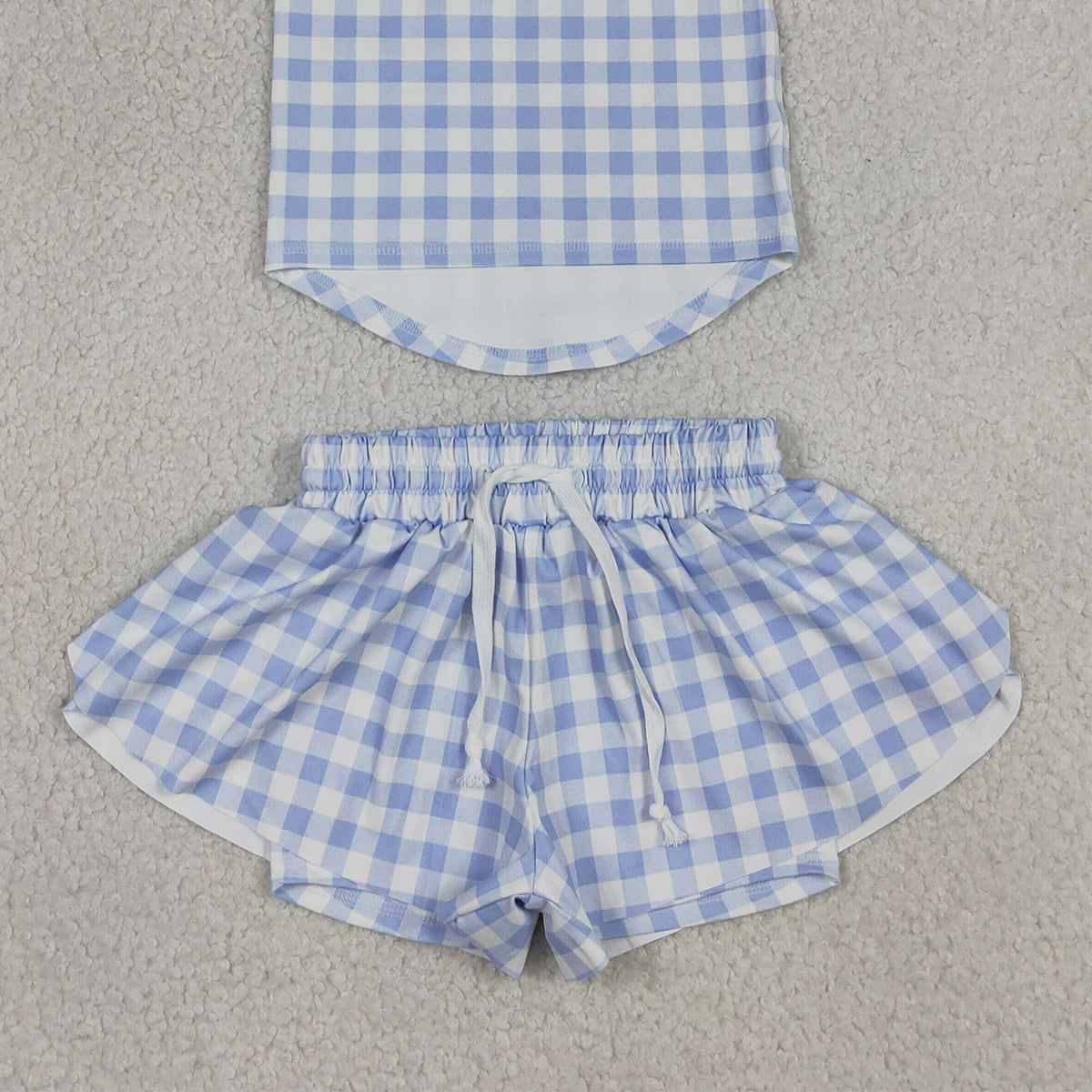 4.15 GSSO3479 RTS NO MOQ （In stock ）Sleeveless blue plaid top shorts girls active wear set