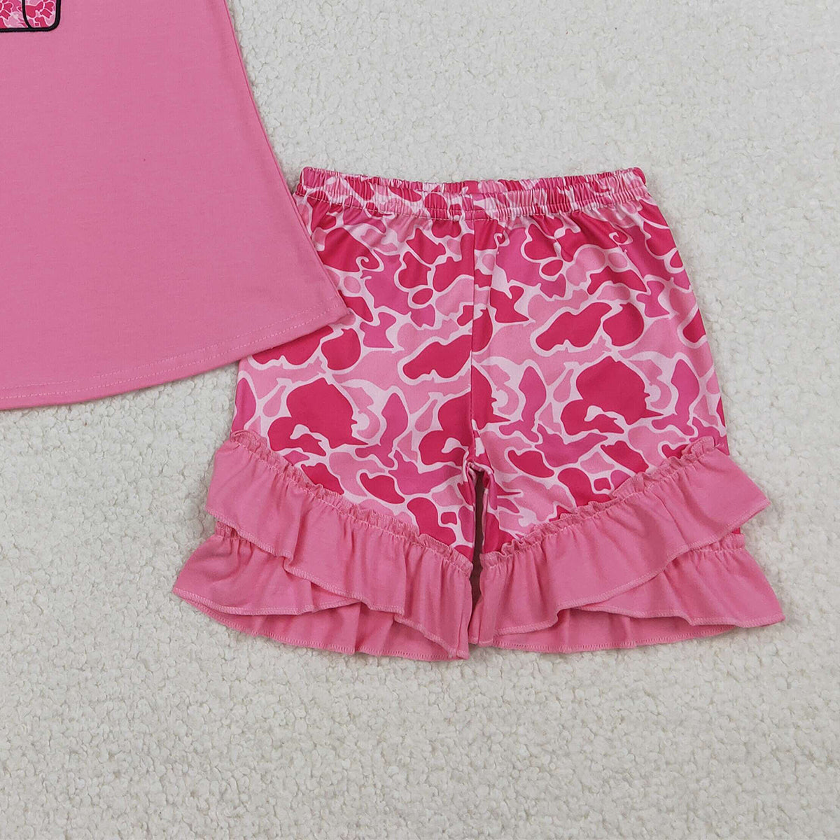 1.14 RTS NO MOQ （In stock）GSSO3002 Embroidery Pink Camo Boxes Baby Girls Tunic Ruffle Shorts Hunting Clothes Sets
