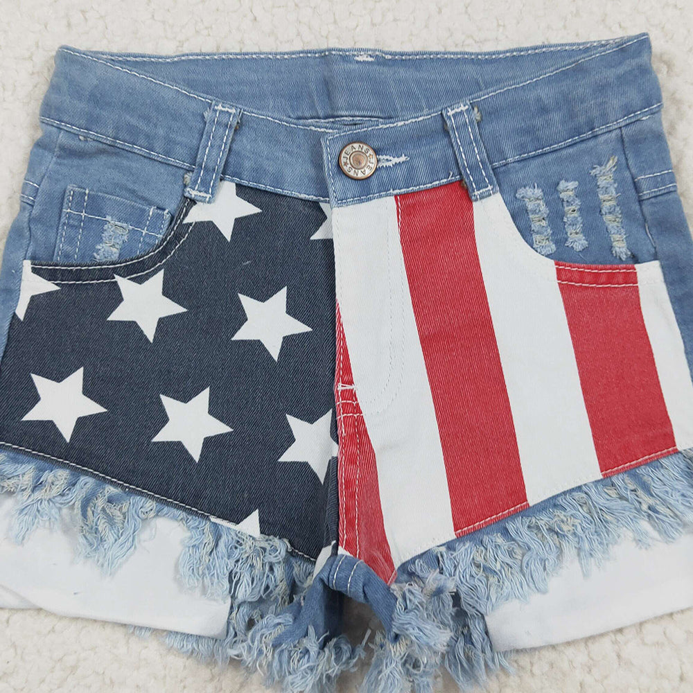 NC0003 RTS NO MOQ Baby Girls Denim Pants Baby Girls 4th Of July Sibling Sister Denim Shorts