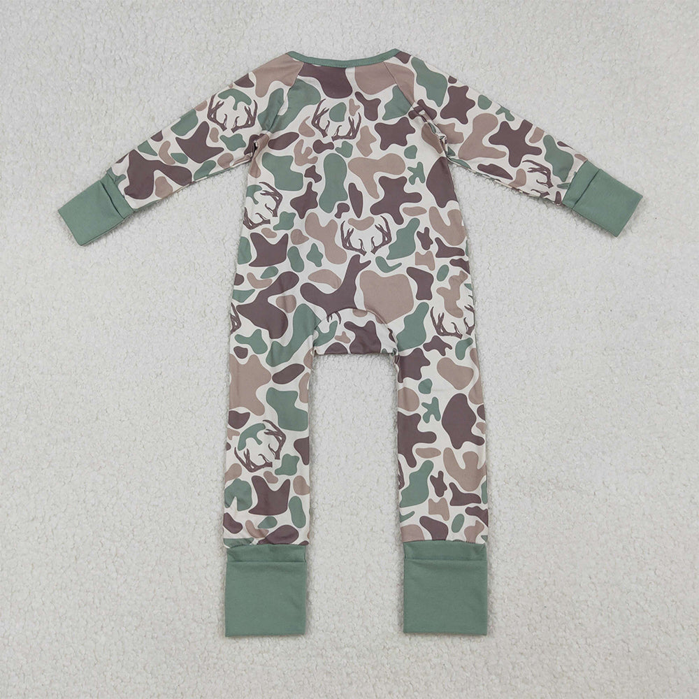 RTS NO MOQ （In stock）LR2582 Baby Boys Winter Rompers Brown Deer Camo Western Zipper Footie Rompers
