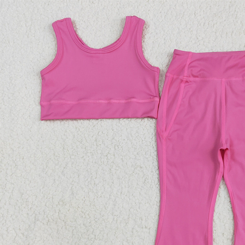 7.16  GSPO2002RTS NO MOQ Baby Girls Yoga Outfits Baby Girls Dark Pink Yoga Vest Bell Bottom Pants Active Wear Clothes Sets