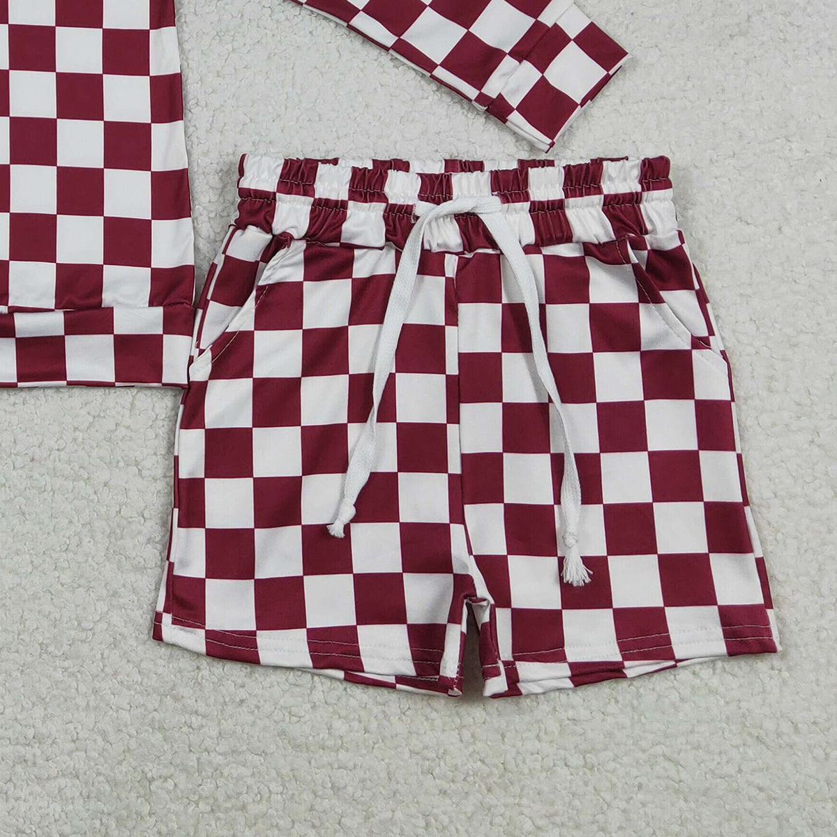 12.29 RTS NO MOQ （In stock）GLS0053 Baby Girls Long Sleeve Dark Red Checked Top Pockets Short Clothes Sets