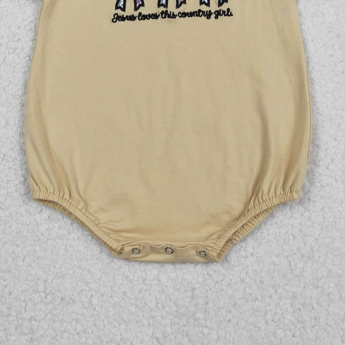 11.20 RTS NO MOQ （In stock）SR3281 Baby Girls Summer Rompers Embroidery Jesus Loves This Country Girls Camo Bows Ruffle Sleeve Rompers