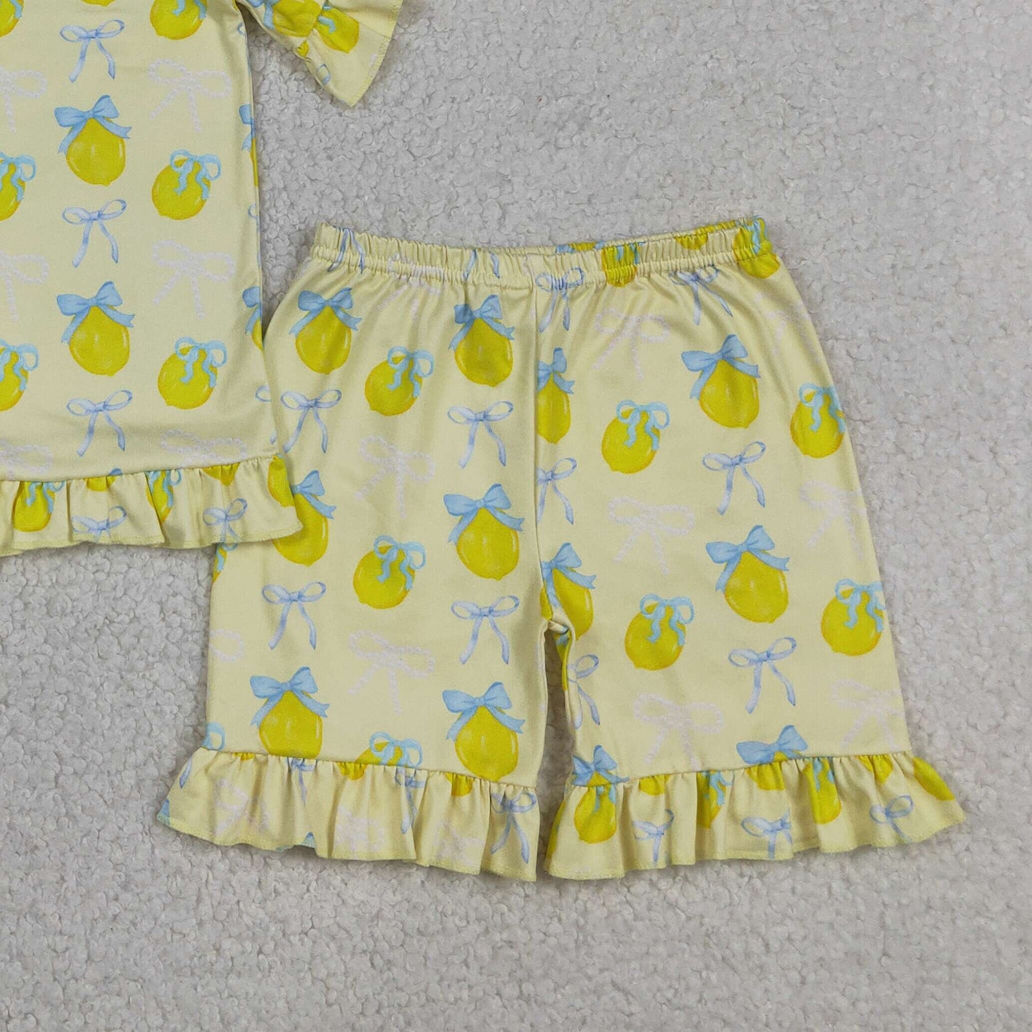 GSSO3326 RTS NO MOQ （In stock ）Short sleeves lemon bow ruffle top shorts girls outfits