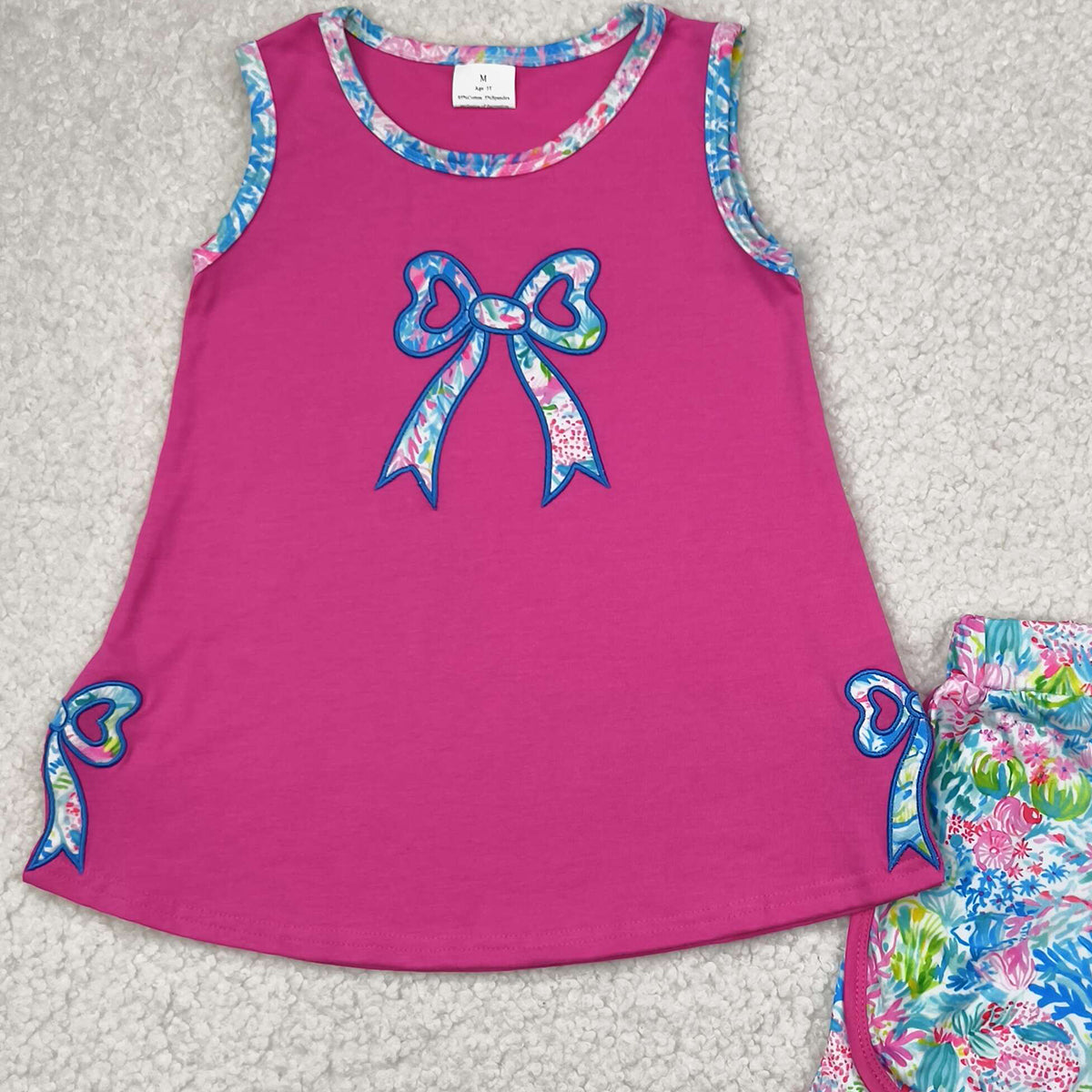 5.20 GSSO2149 RTS NO MOQ Baby Girls Summer Outfits Embroidery Baby Girls Bow Tunic Top Flowers Shorts Clothes Sets