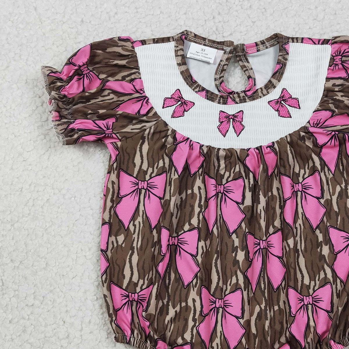 1.24 RTS NO MOQ （In stock）SR3827 Smocked Bows Baby Girls Southern Olive Camo Ruffle Rompers