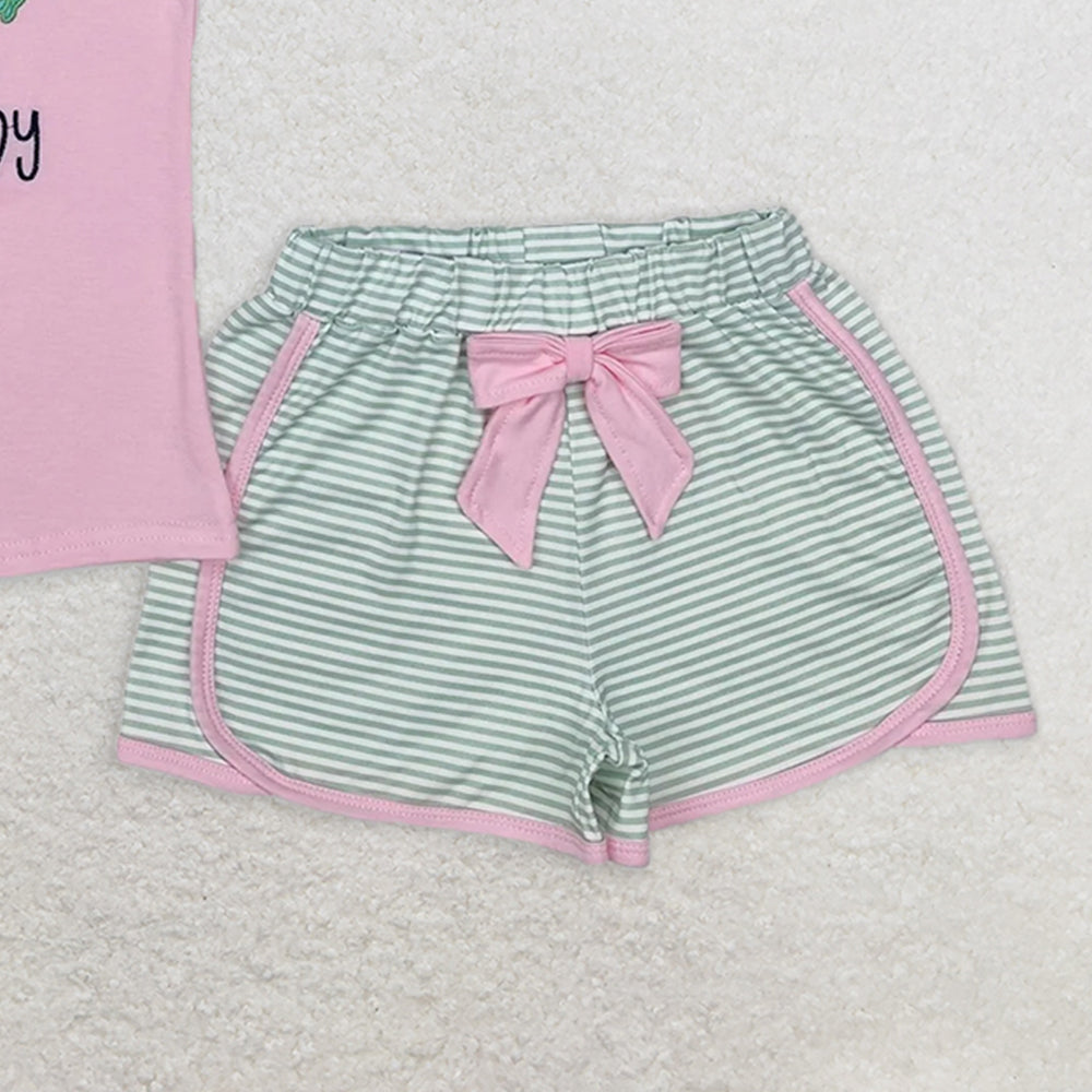 GSSO1673RTS NO MOQ Baby Girls Summer Outfits Pink daddy's fishing buddy top stripe shorts girls clothes