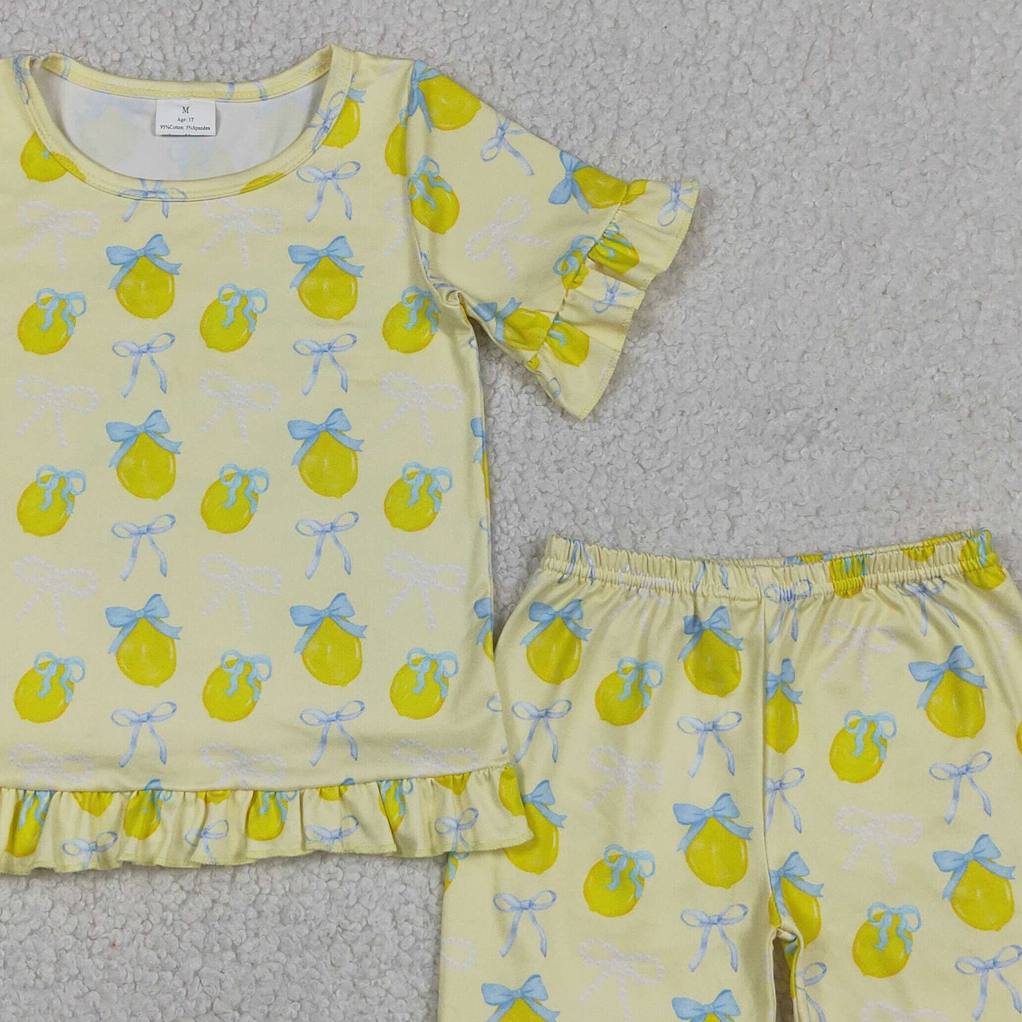 GSSO3326 RTS NO MOQ （In stock ）Short sleeves lemon bow ruffle top shorts girls outfits
