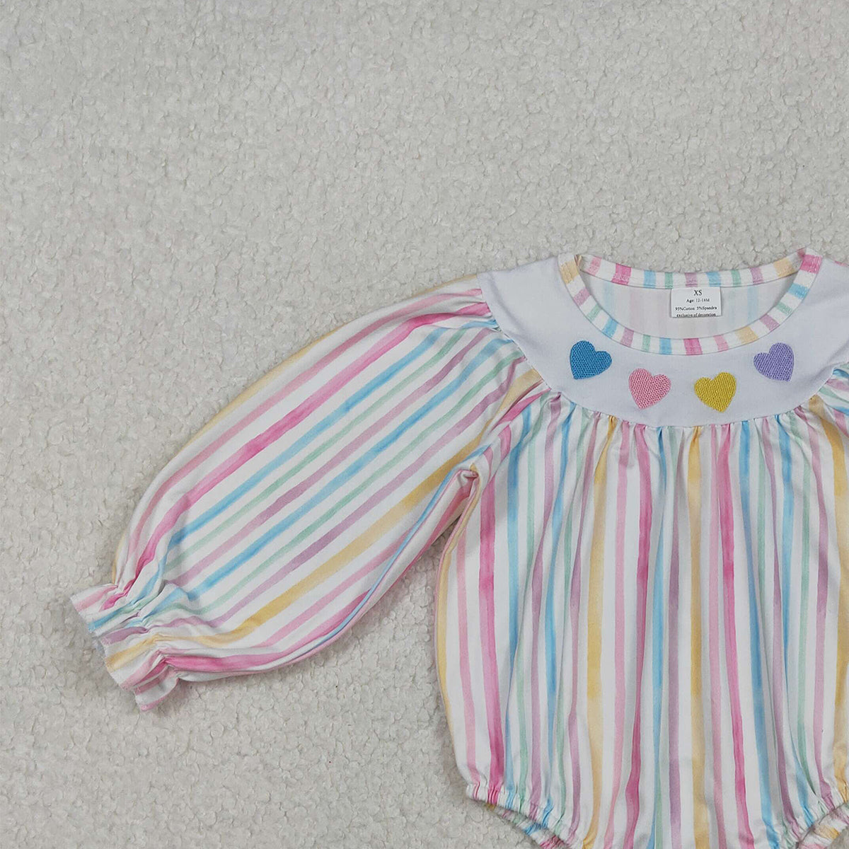 11.6 RTS NO MOQ （In stock）LR2695 Baby Girls Winter Rompers Embroidery Hearts Baby Girls Colorful Stripe Valentine Ruffle Rompers