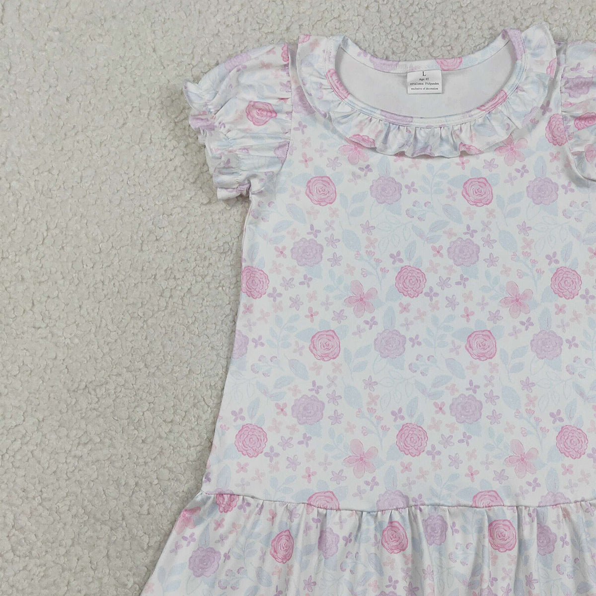 3.14 RTS NO MOQ （In stock）GSD3717 Kids Fashion Clothes Baby Girls Short Sleeve Pink Lavender Flowers Ruffle Knee Length Dresses