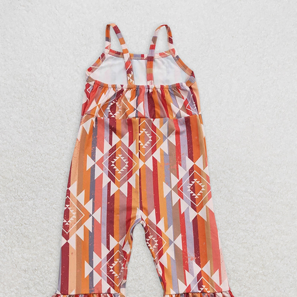 SR0252 RTS NO MOQ Baby Girls Summer Jumpsuits  Baby Girls Orange Aztec Strap Bell Bottom Jumpsuits