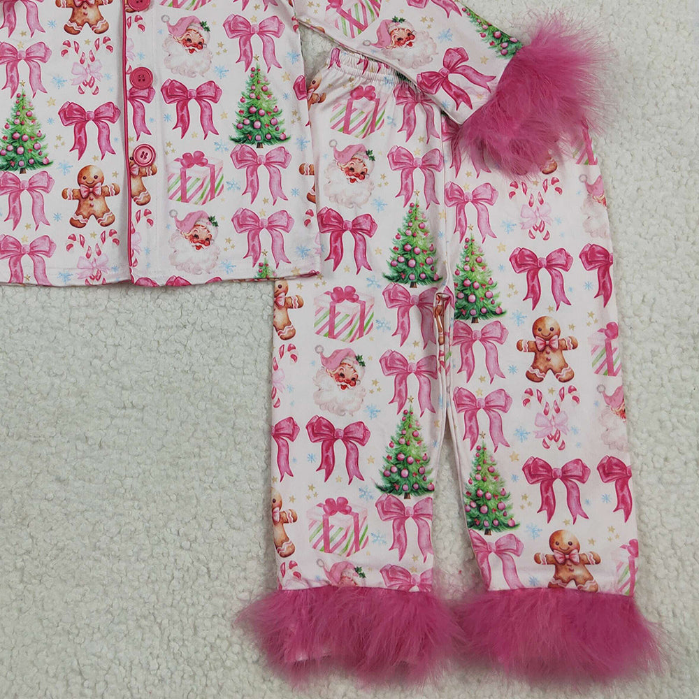 8.18 RTS NO MOQ （In stock）GLP2375  Baby Girls Winter Outfits Baby Girls Hot Pink Long Sleeves With Fur Bows Gingerbread Trees Button Top Pants Pajamas Set