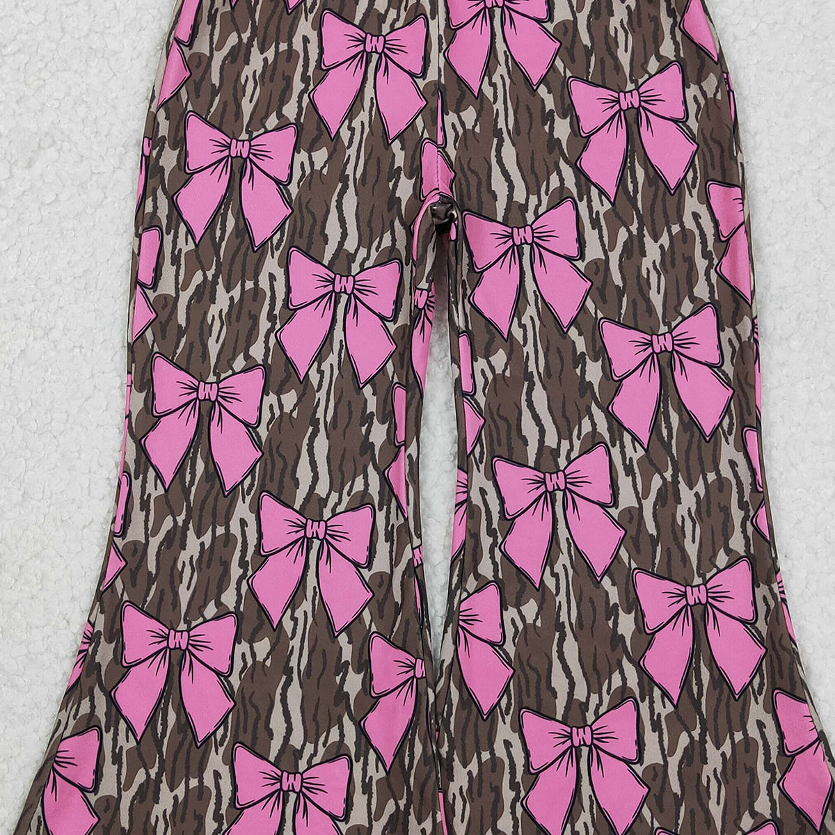 11.4 RTS NO MOQ （In stock）P0896 Baby Girls Olive Camo Pink Bows Bell Bottom Pants