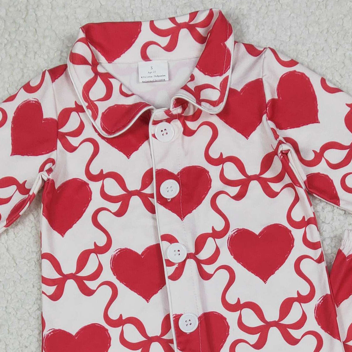 1.9 RTS NO MOQ （In stock）GLP3221 Baby Girls Bow Hearts Checked Button Top Pant Valentines Fur Sleeve Pajamas Sets