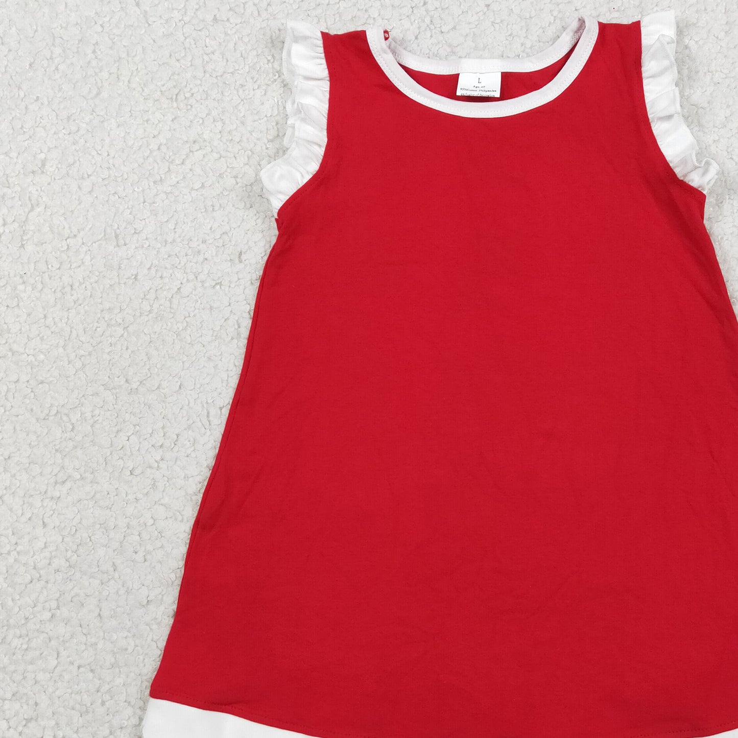 GSD4047 RTS NO MOQ （In stock）White scallop ruffle sleeveless red girls cotton team dress