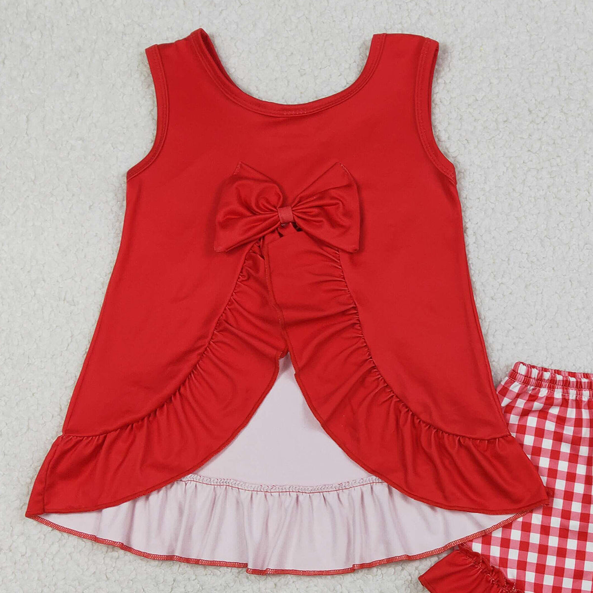1.16 RTS NO MOQ （In stock）GSSO3009 Baby Girls Chip Chicken Back Bows Tunic Checked Ruffle Shorts Sets