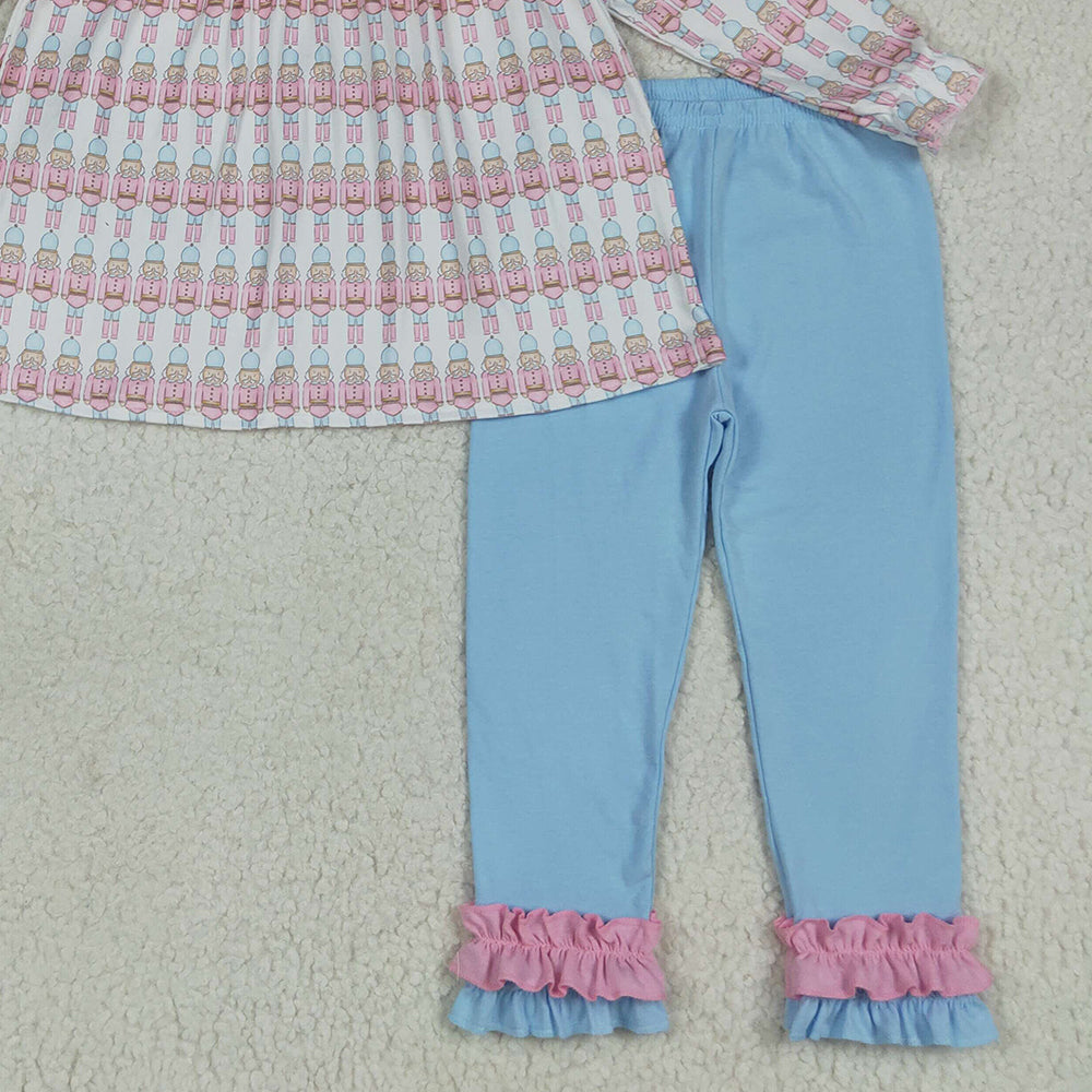 RTS NO MOQ （In stock） GLP2456 Baby Girls Winter Outfits Baby Girls Christmas Soldier Plaid Top Blue Ruffle Pant Sets