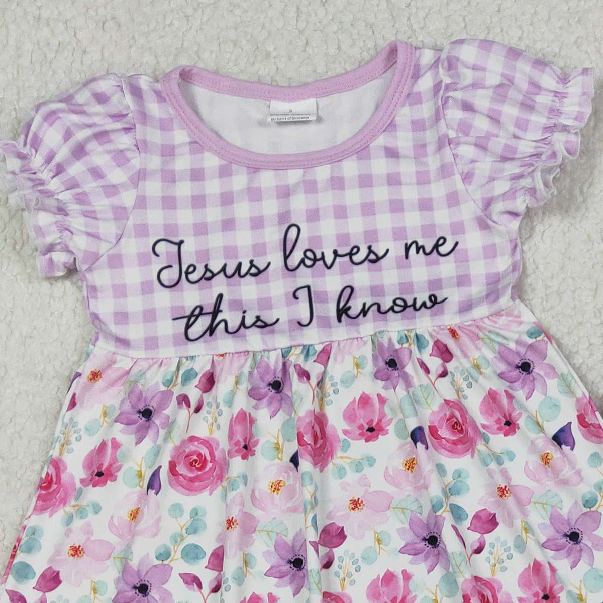 12.4 RTS NO MOQ （In stock）GSPO2129 Baby Girls Lavender Checked Jesus Love Me Flowers Tunic Ruffle Pants Clothes Sets