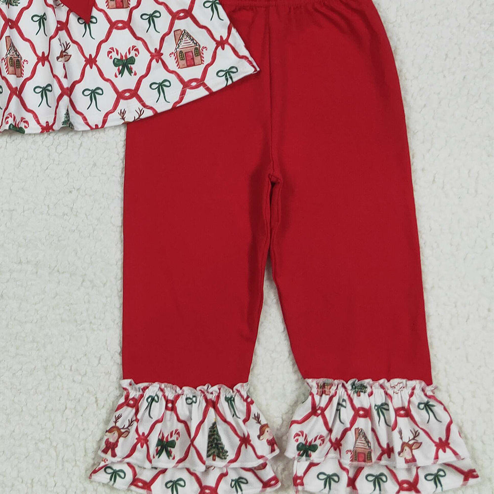 RTS NO MOQ （In stock）GLP2525 Baby Girls Winter Outfits Baby Girls Christmas Trees Bows Tunic Ruffle Pants Clothes Sets