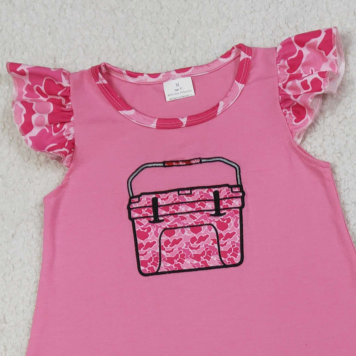1.14 RTS NO MOQ （In stock）GSSO3002 Embroidery Pink Camo Boxes Baby Girls Tunic Ruffle Shorts Hunting Clothes Sets