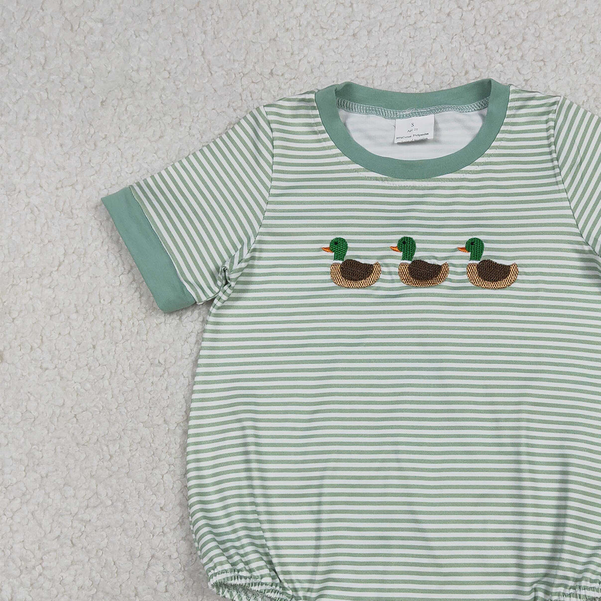 12.24 RTS NO MOQ （In stock）SR3531 Baby Boys Rompers Embroidery Ducks Baby Boys Green Stripe Short Sleeve Hunting Rompers