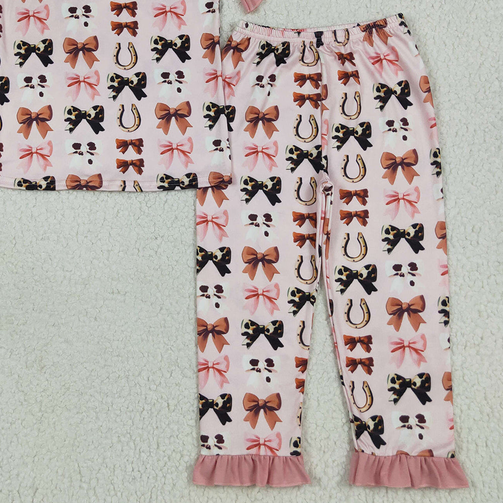 GSPO2035RTS NO MOQ Baby Girls Spring Outfits Baby Girls Pink Short Ruffle Sleeves Bows Horse Shoes Top Pant Pajamas Set