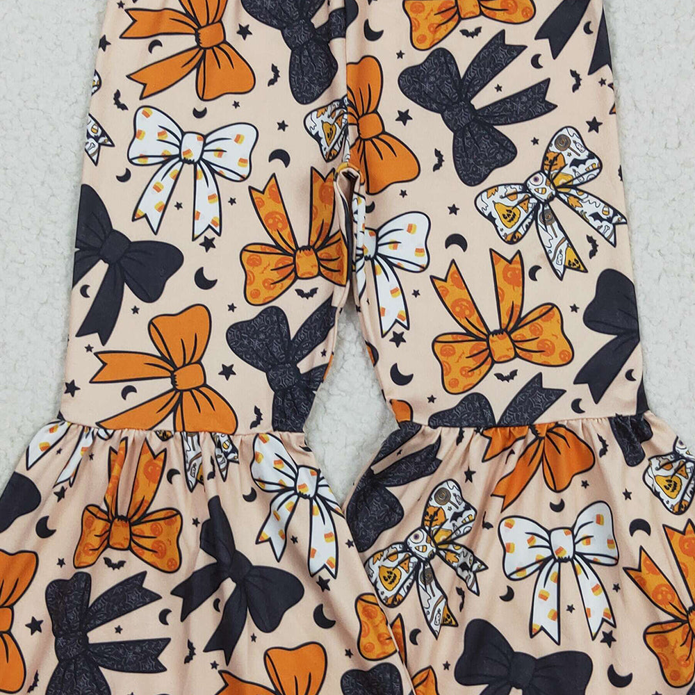 RTS NO MOQ （In stock）P0776 Baby Girls Pants Baby Girls Halloween Orange Black Bows Bell Bottom Pants