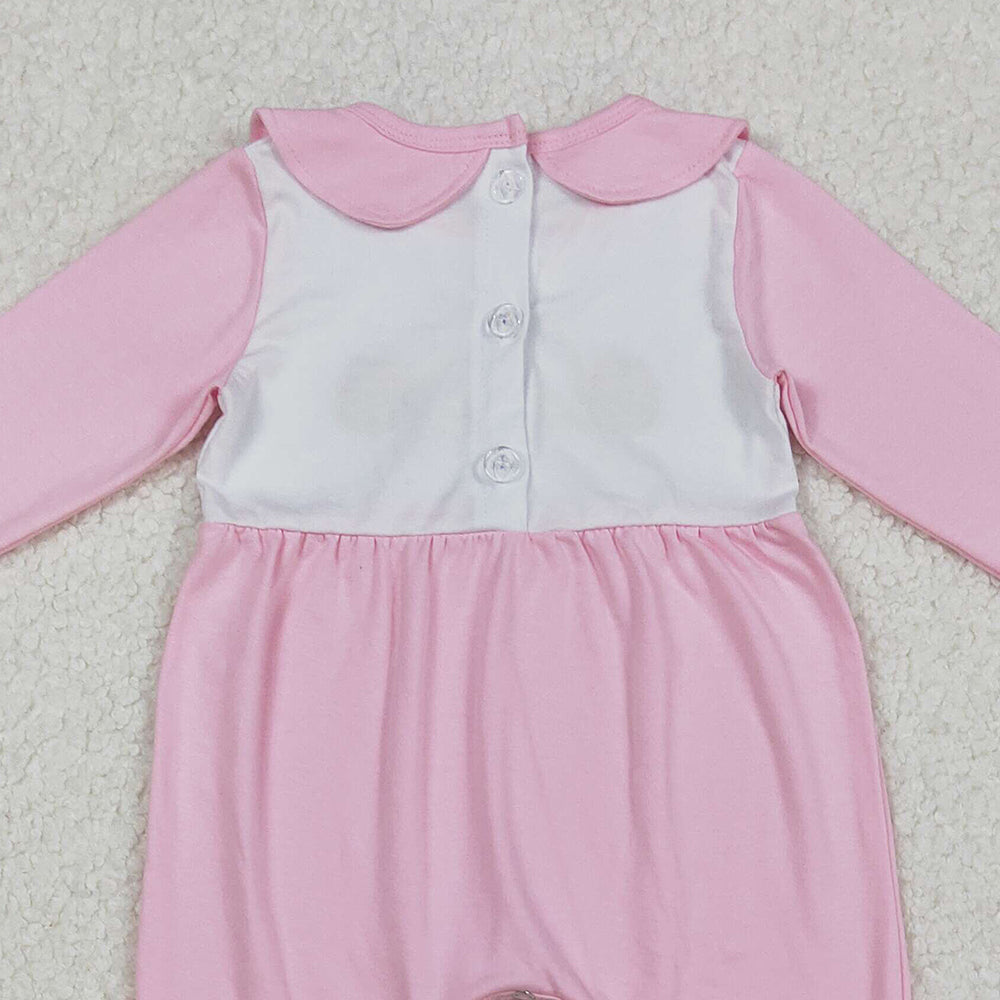 RTS NO MOQ （In stock）LR2563 Baby Girls Winter Rompers Embroidery Pumpkins Turkey Baby Thanksgiving Pink Fall Footed Rompers