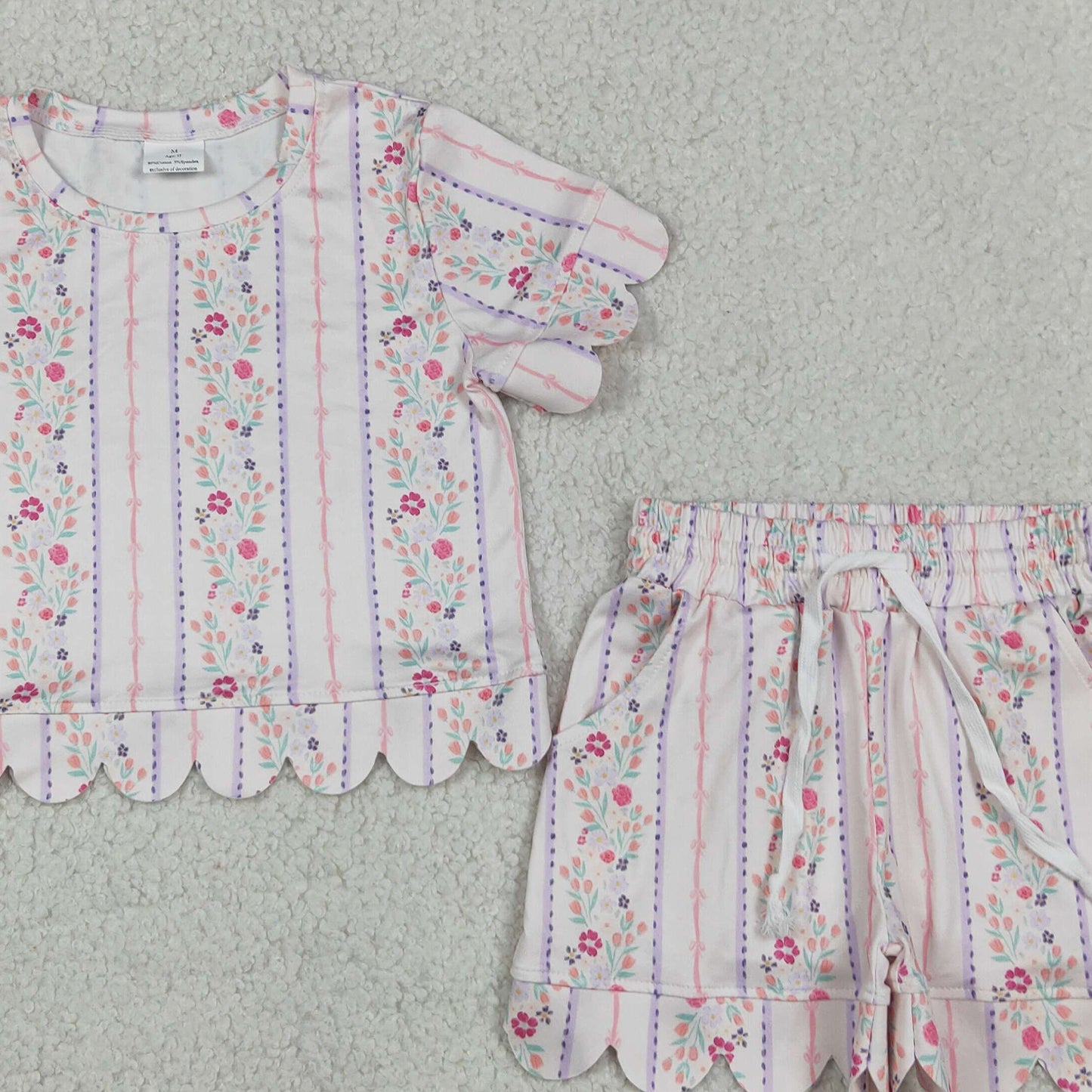 GSSO3411 RTS NO MOQ （In stock）Short sleeves scallop floral toddler girls summer outfits