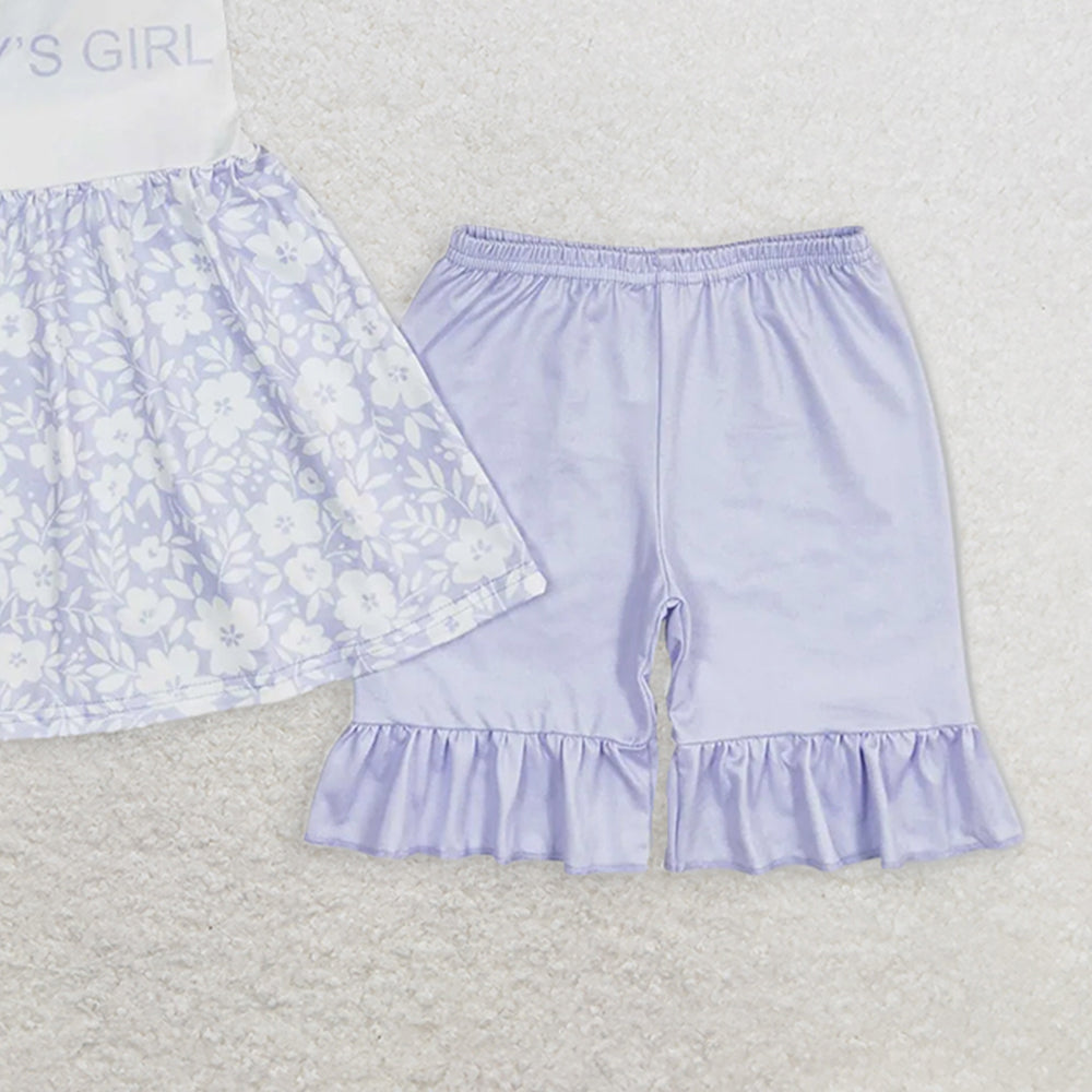 GSSO1069 RTS NO MOQ Baby Girls Summer Outfits Daddy's girl blue flower lace sleeveless shorts set