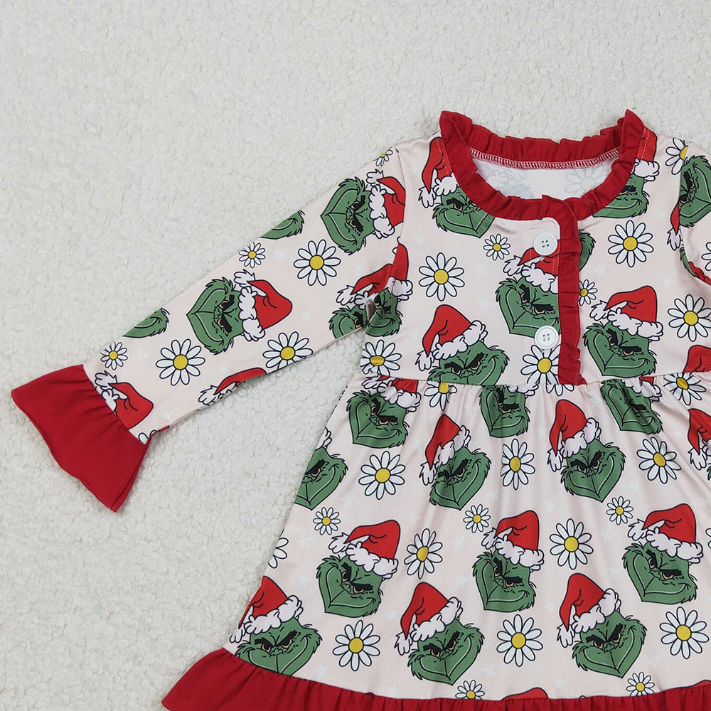 RTS NO MOQ （In stock）GLD1230 Baby Girls Winter Dress Button Christmas Green Face Flowers Knee Length Dress