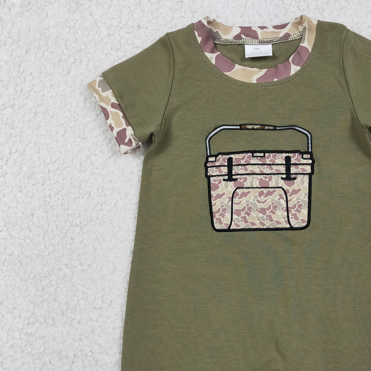 1.12 RTS NO MOQ （In stock）SR3761 Baby Boys Rompers Embroidery Camo Boxes Baby Boys Olive Short Sleeve Hunting Rompers
