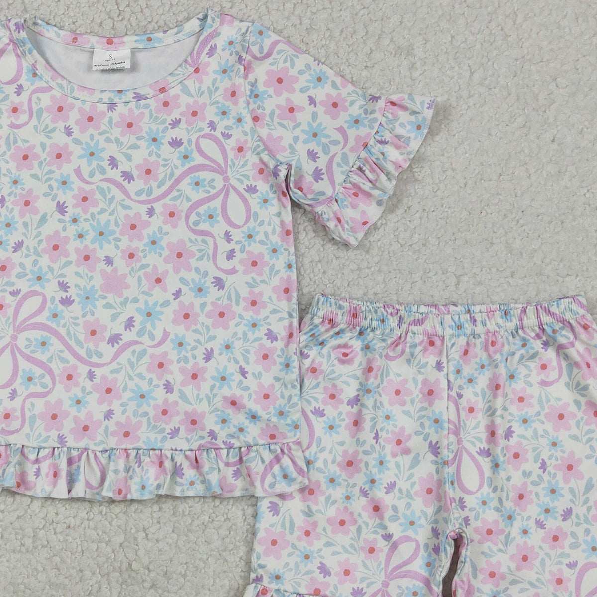 GSSO3322 RTS NO MOQ （In stock ）Short sleeves floral bow ruffle top shorts girls outfits