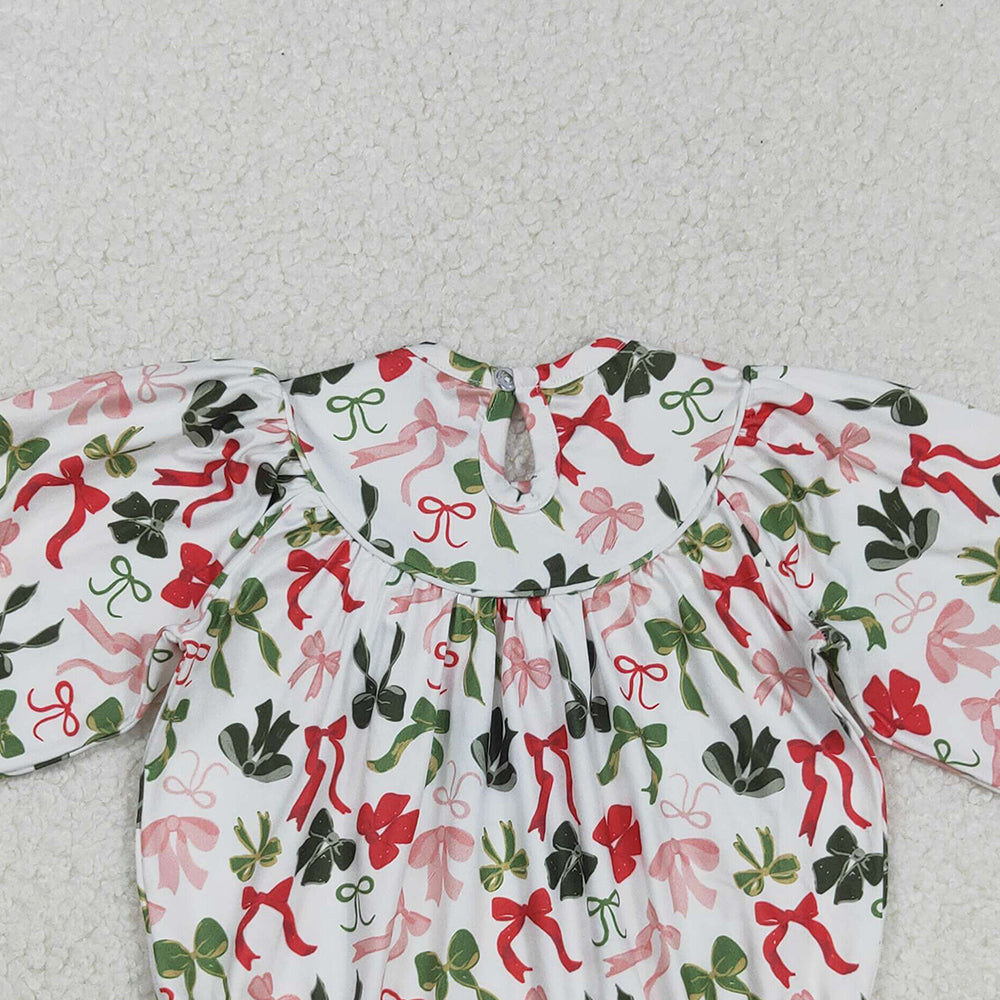 RTS NO MOQ （In stock）LR2185 Baby Girls Winter Rompers  Christmas Romper Long Sleeves Green Red Bow Cute Holiday Outfit for Kids