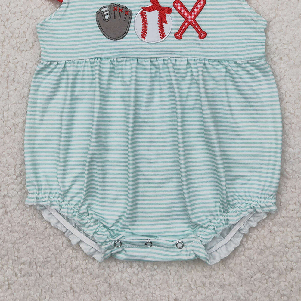 5.20 SR2892 RTS NO MOQ Baby Girls Summer Rompers  Embroidery Flutter sleeves stripe baseball baby girls romper