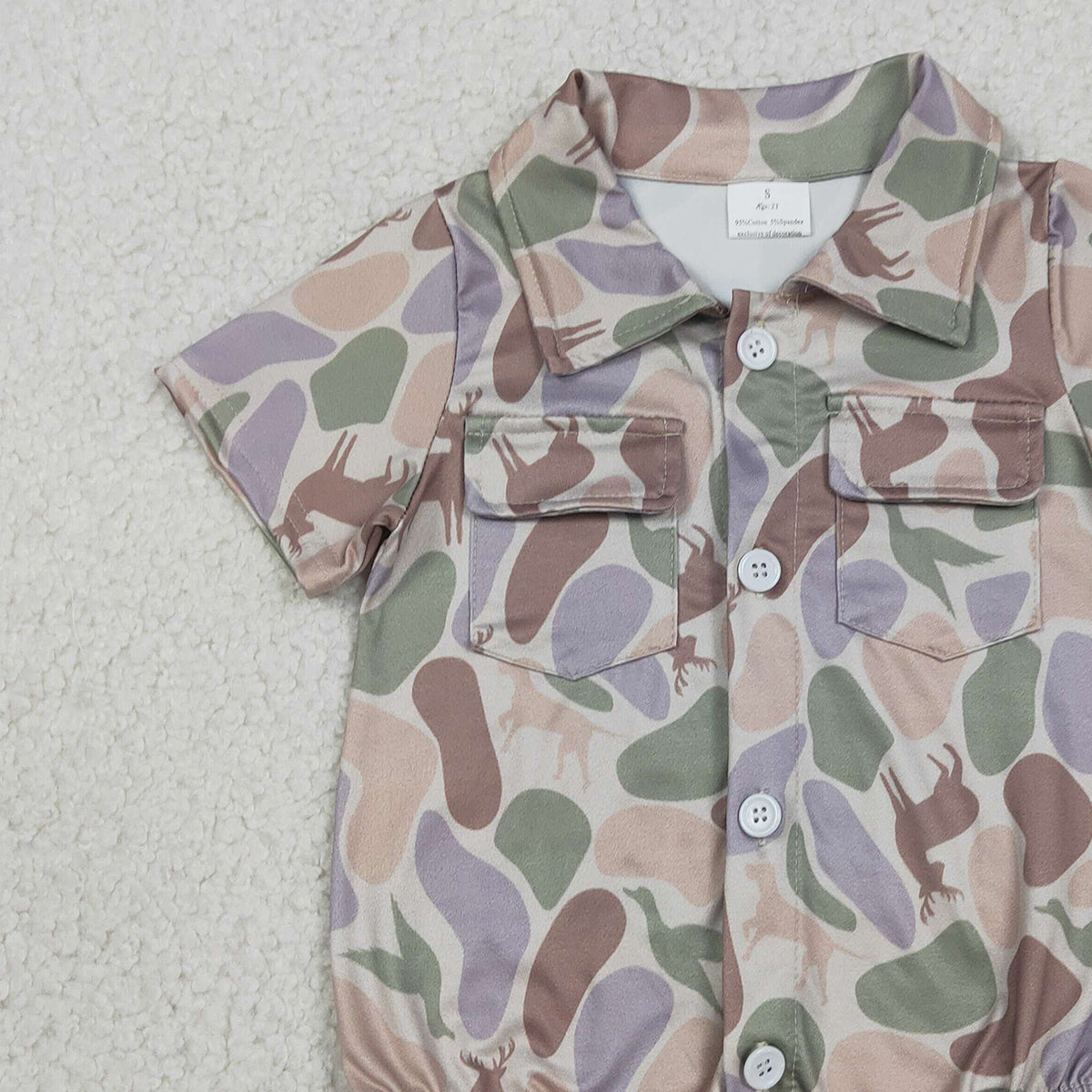 2.7 RTS NO MOQ （In stock）SR3544 Baby Boys Ducks Dogs Deer Camo Pockets Button Hunting Rompers