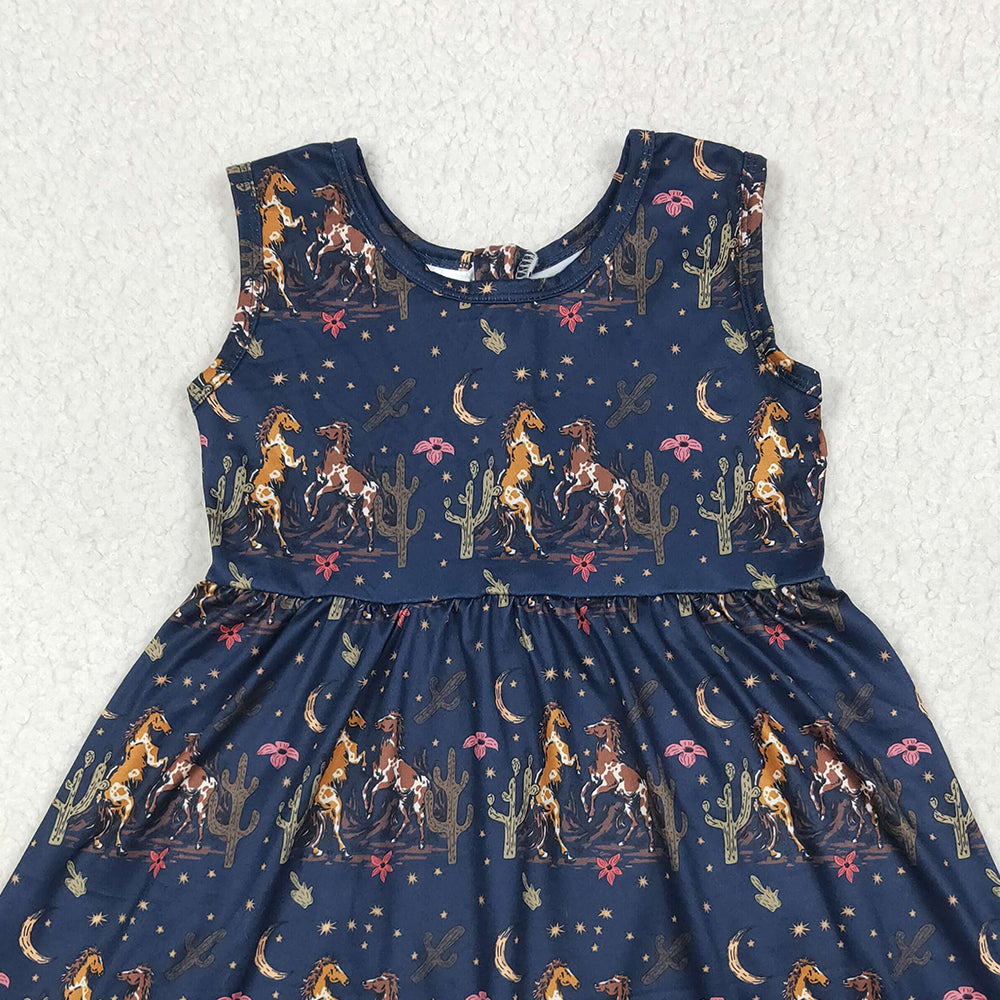 RTS NO MOQ （In stock）SR3071 Baby Girls Summer Jumpsuits Baby Girls Navy Sleeveless Horses Cactus Skort Jumpsuits