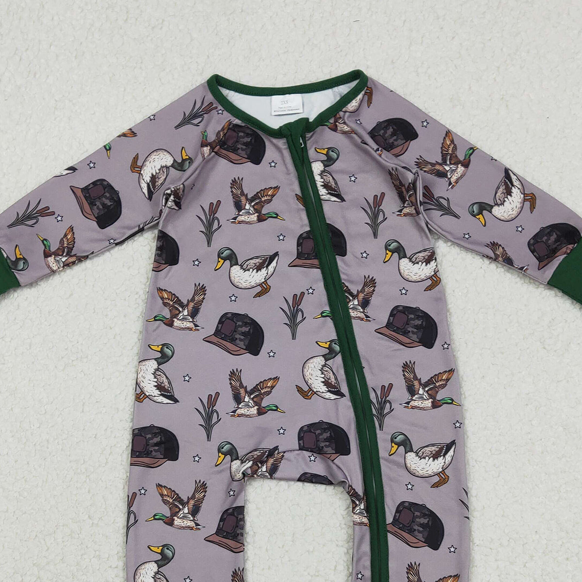 12.13 RTS NO MOQ （In stock）LR2886 Baby Girls Winter Rompers Baby Boys Camo Hats Ducks Hunting Two Way Zip Convertible Rompers