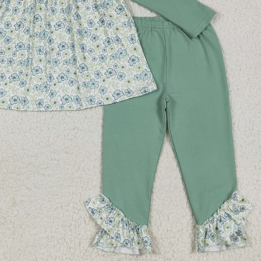RTS NO MOQ （In stock） GLP2407 Baby Girls Winter Outfits Baby Girls Green Long Sleeves Floral Tunic Ruffle Pants Clothes Sets