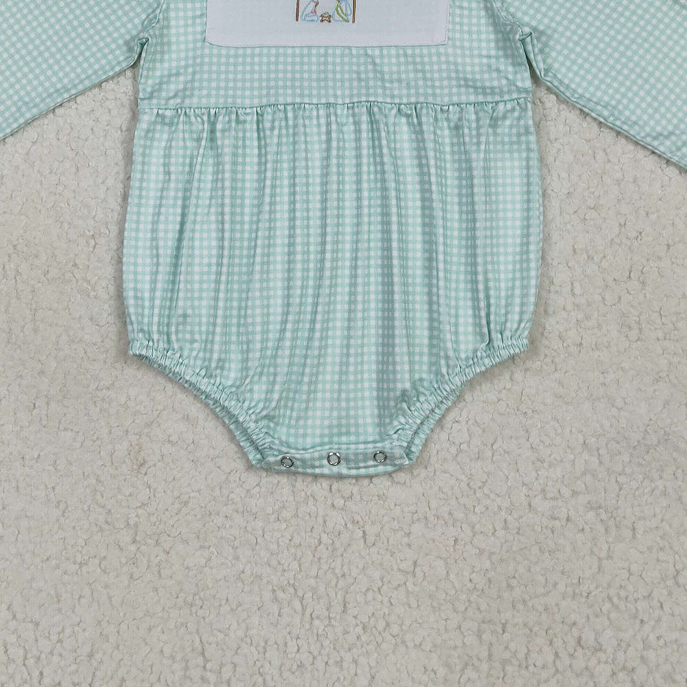 RTS NO MOQ （In stock）LR2265 Baby Girls Winter Rompers Embroidery Baby Boys Aqua Plaid Christmas Jesus Bummies Rompers