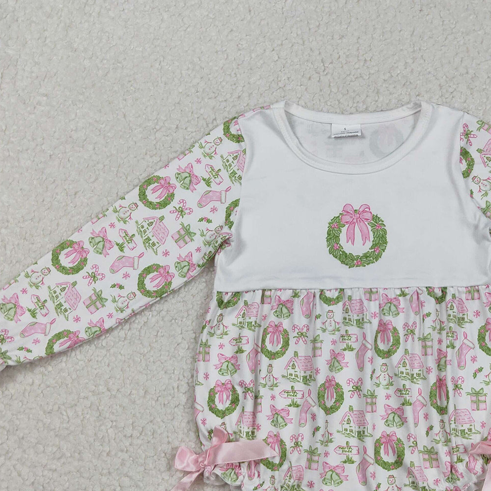 RTS NO MOQ （In stock）LR2325 Baby Girls Winter Rompers Baby Girls Long Sleeves Pink Gifts Bows Holly Plaid Ruffle Rompers
