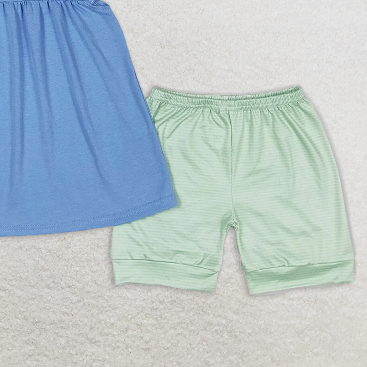 GSSO1067 RTS NO MOQ Baby Girls Summer Outfits Green striped doll collar and blue flying sleeve shorts suit
