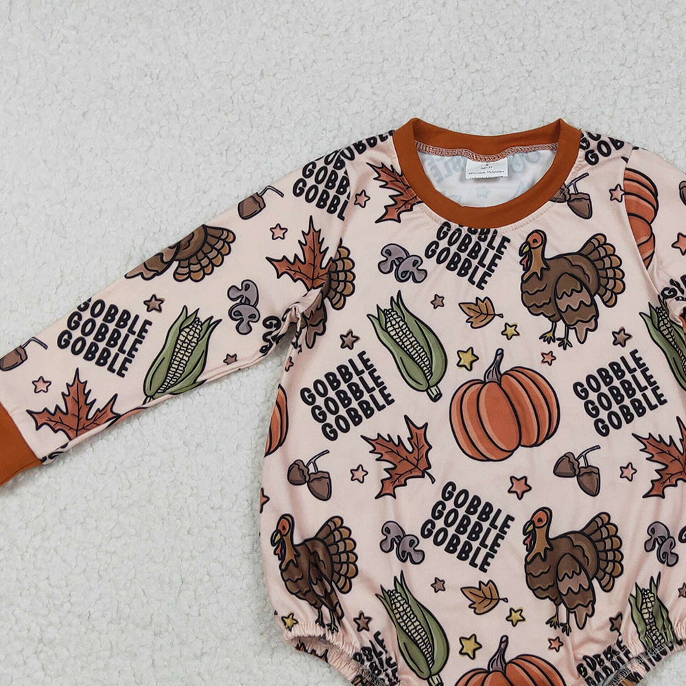 RTS NO MOQ （In stock）LR2447 Baby Boys Winter Rompers Thanksgiving Turkey Pumpkins Gobble Rompers