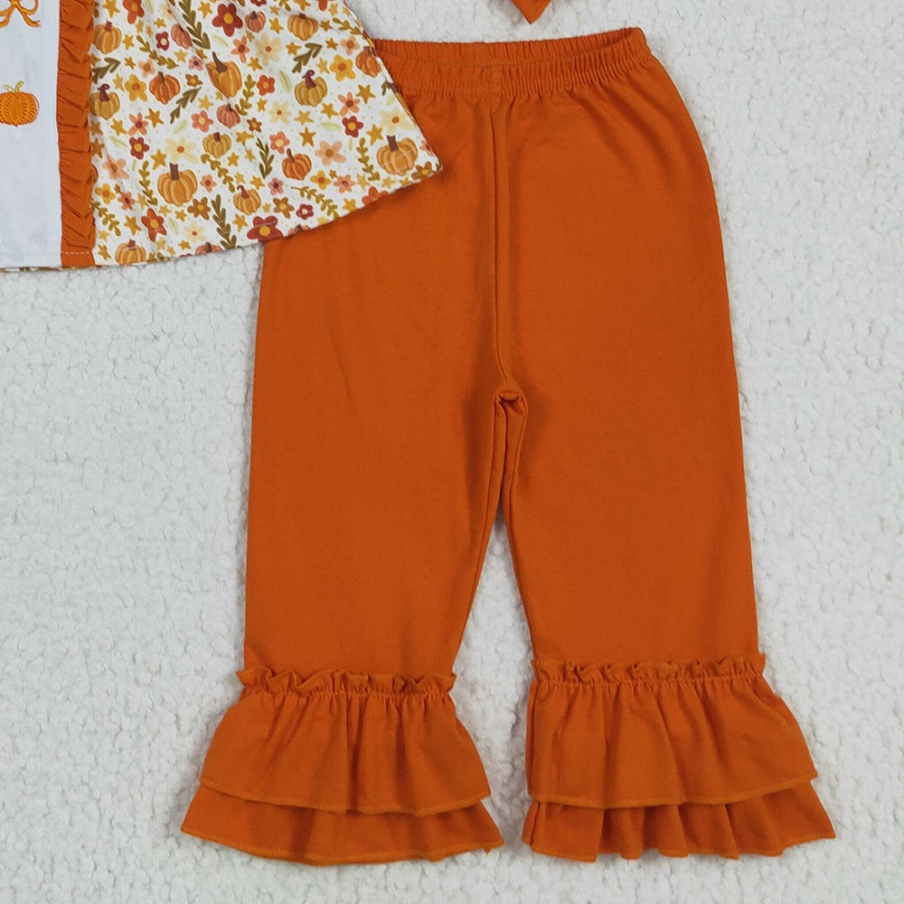 8.16  GLP2361RTS NO MOQ Baby Girls Winter Outfits Embroidery Baby Girls Long Sleeves Bows Pumpkins Floral Tunic Ruffle Pant Set