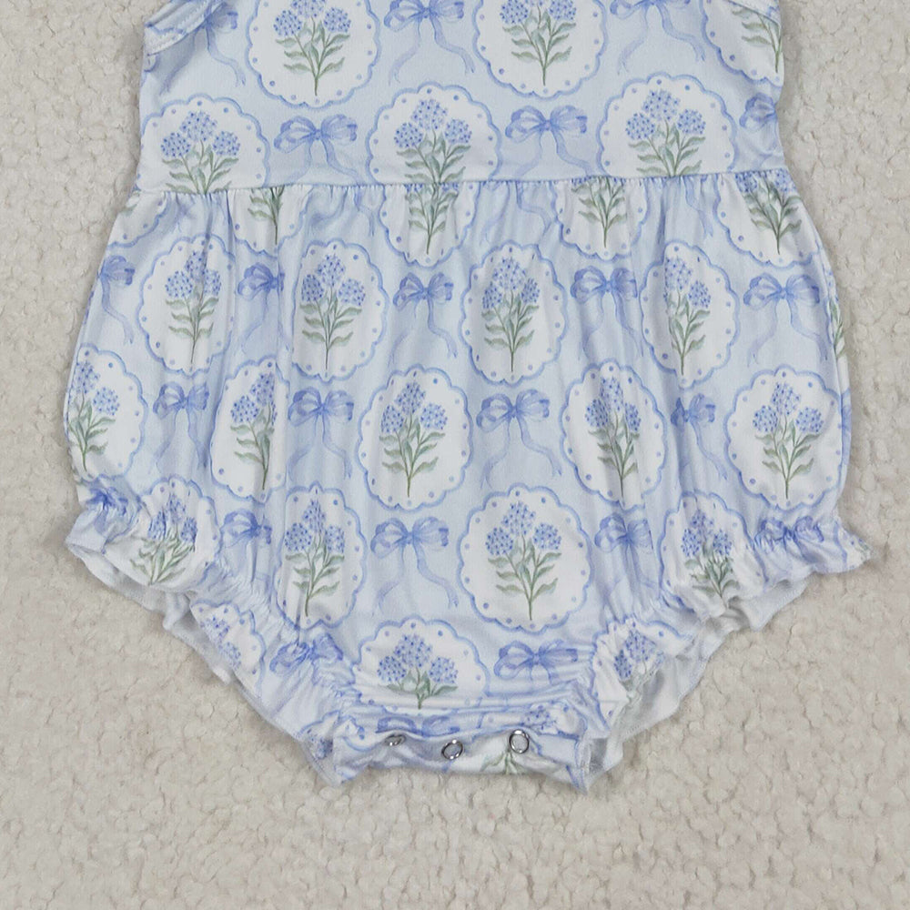 SR3117 RTS NO MOQ Baby Girls Summer Rompers Straps blue bow floral baby girls summer romper