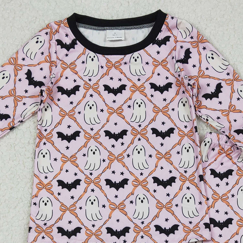 RTS NO MOQ （In stock）GLP2639 Baby Girls Winter Outfits Long Sleeves Bows Bats Ghosts Plaid Top Pant Pajamas Set