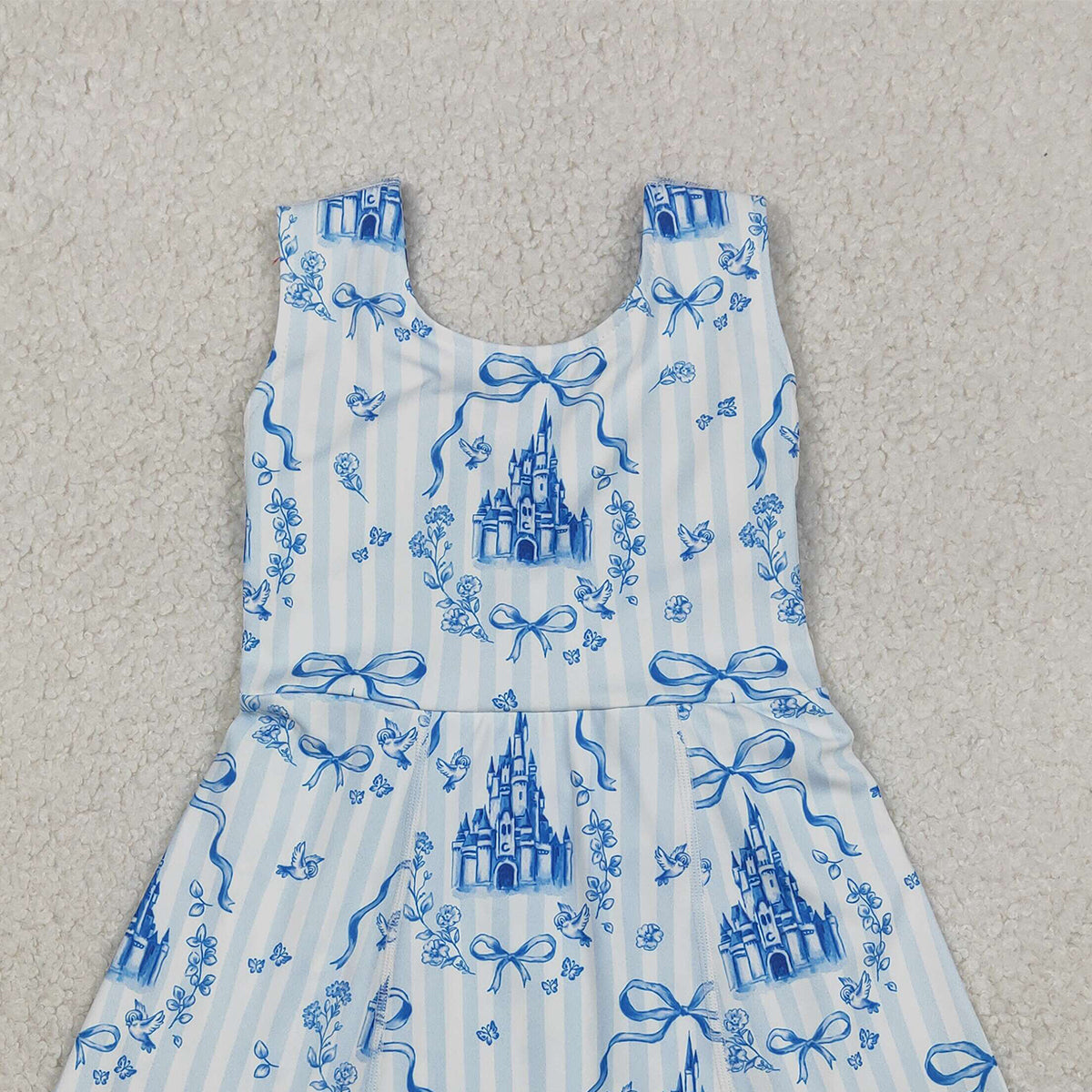 12.5 RTS NO MOQ （In stock）GSD3068 Baby Girls Blue Bows Castles Checked Yoga Active Shorts Knee Length Dresses